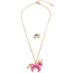 Glitter Pink Unicorn Halskæde Og Ring Sæt