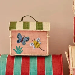 Raffia Opbevaringshus med Sommerfugl i Pink i Ekstra Lille